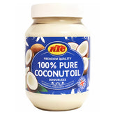 A 500ml jar of KTC Pure Coconut Oil with a blue label featuring coconuts—perfect as a flavourless cooking oil for all your recipes.
